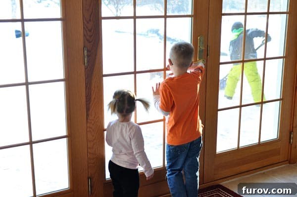 Snapshot Saturday: A Slice of Life 5 A younger child observing older brothers diligently shoveling snow in freezing temperatures from the warmth of indoors.