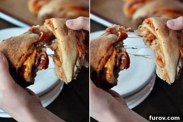 Two side-by-side pictures demonstrating someone pulling apart a hot, cheesy whole wheat pizza roll, showing the soft interior.