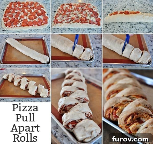 A collage of sequential images illustrating the step-by-step process of assembling pizza pull apart rolls, from rolling out the dough to cutting the segments.