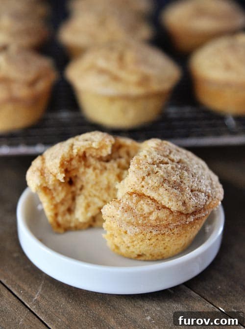 A perfectly split cinnamon sugar dusted coconut vanilla muffin on a white ramekin, with more muffins cooling on a rack in the background.