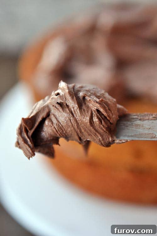 A metal spatula scooping creamy chocolate frosting with a cake being frosted in the background, highlighting the smooth texture.