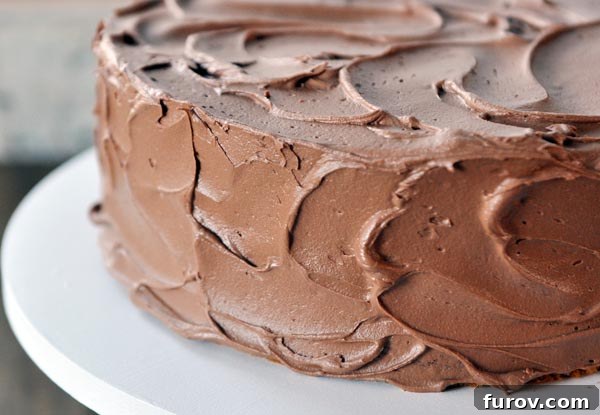 A beautifully frosted cake covered in whipped chocolate frosting on an elegant white cake stand, showcasing its inviting texture.
