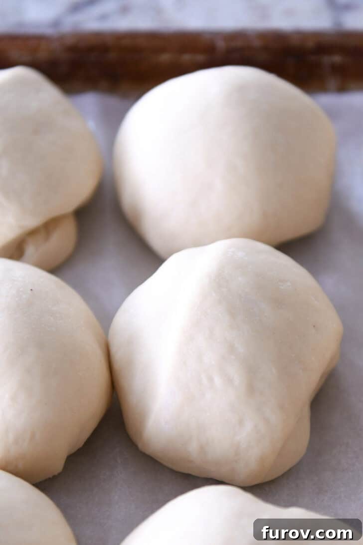 Neatly portioned raw dough balls resting on a piece of parchment paper, slightly puffy after their rest, ready to be rolled.