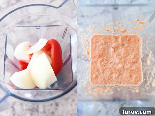 Blender with onion and red pepper, finely processed for a smooth sauce base.