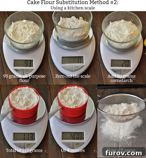 A collage of images demonstrating how to use a food scale for precise measurement of flour and cornstarch to create homemade cake flour.