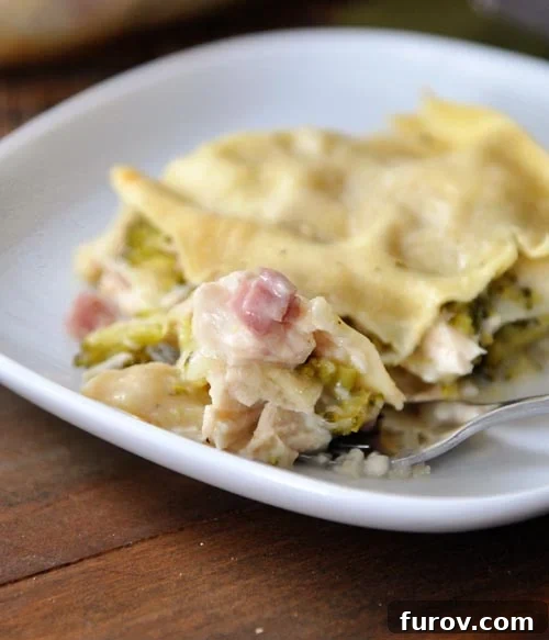 Gourmet Chicken Cordon Bleu Lasagna 2 A generous slice of golden-brown chicken cordon bleu lasagna on a pristine white plate, showcasing its creamy layers and perfectly melted cheese.