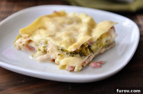 Gourmet Chicken Cordon Bleu Lasagna 3 A square piece of golden-brown chicken cordon bleu lasagna, freshly baked and ready to serve, demonstrating its well-defined layers of pasta, sauce, meat, and cheese.