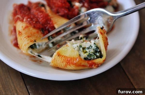 Close-up of cheese and spinach stuffed jumbo pasta shells on a white plate, with a fork cutting into one. 