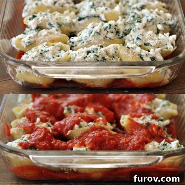 Two images showcasing a glass 9x13 dish filled with jumbo pasta shells, one with a red sauce and the other just with the cheesy filling.