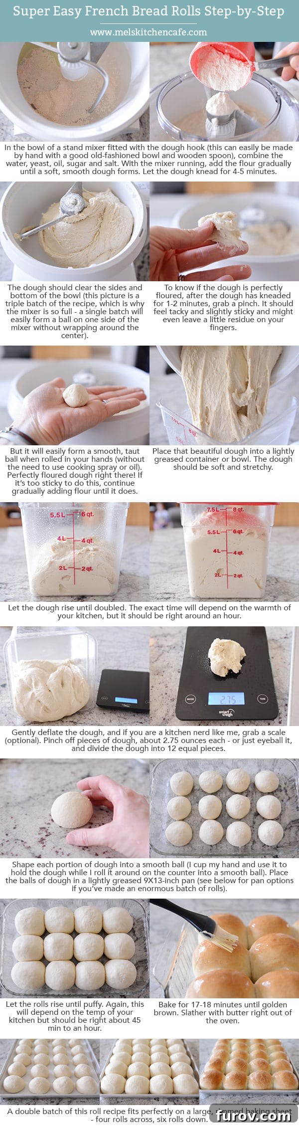 French bread roll step-by-step photos and text instructions on how to make the rolls.