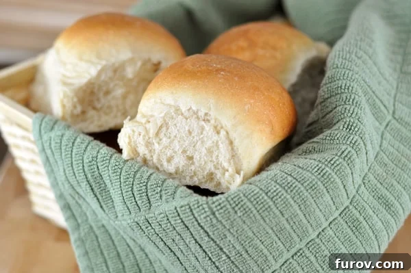Three white french bread rolls in a basket with a green towel.