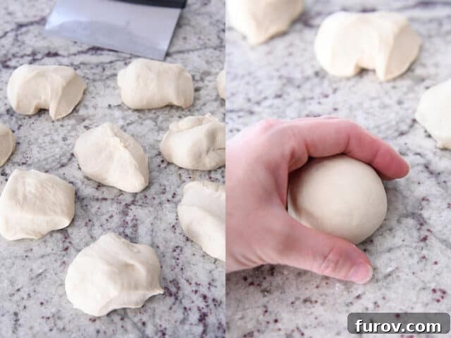 Cutting dough into pieces; rolling dough into balls.