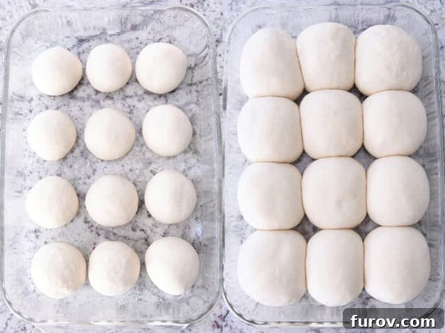 Unrisen and risen rolls in 9X13-inch glass pan.