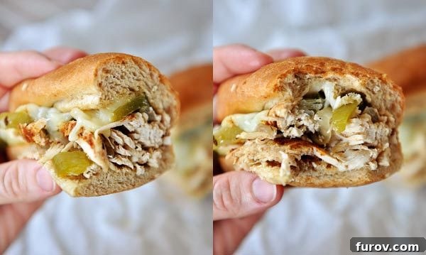 Two side-by-side images show a person holding a Slow Cooker Chicken Philly Sandwich. The right image shows a bite taken out, highlighting the juicy filling.