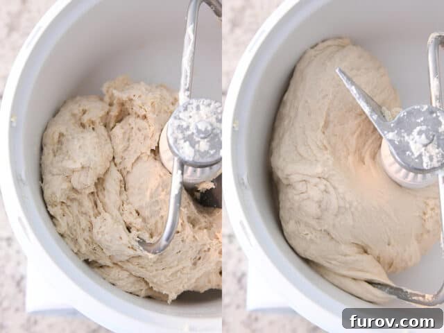 Fast and Flawless Pizza Dough 4 Pizza dough actively mixing in a white stand mixer bowl with a dough hook.