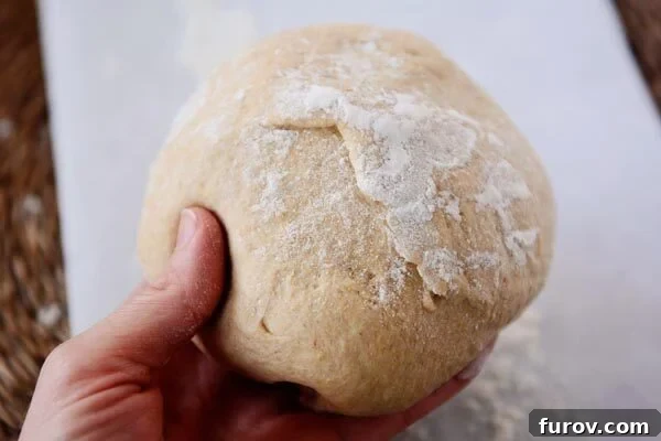 Hand holding a ball of uncooked whole wheat pizza dough, ready for its overnight rise.