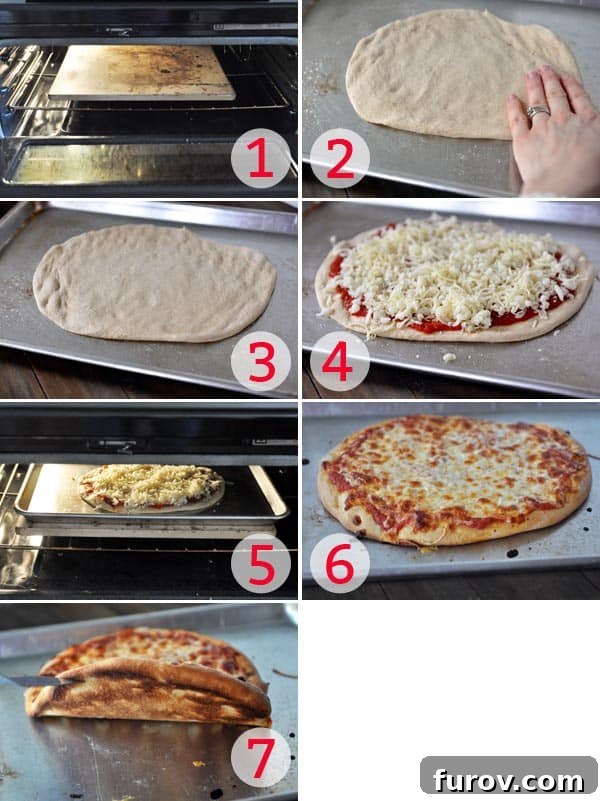 Homemade Pizza Perfection: Baking with a Stone or Standard Oven 4 A collage demonstrating the steps for baking a homemade pizza on a baking sheet placed directly on a preheated pizza stone, from dough preparation to the final crispy pizza.