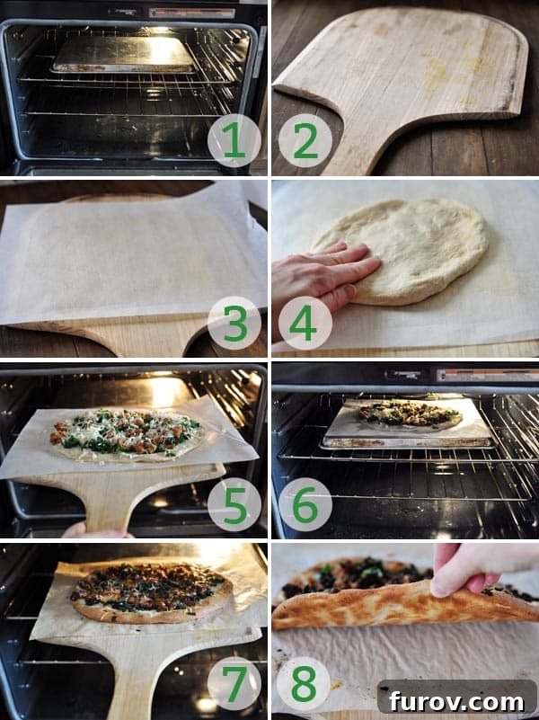 Homemade Pizza Perfection: Baking with a Stone or Standard Oven 5 A series of pictures showing how to bake a homemade pizza using an overturned baking sheet as a 'mock pizza stone', detailing the process from dough preparation to the finished, crispy pizza.