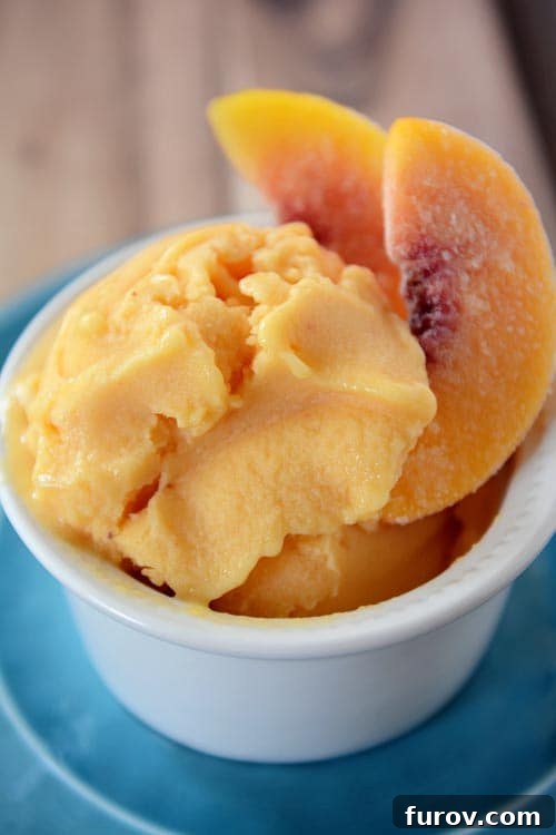 Effortless Peach Frozen Yogurt Refreshment 2 A small white ramekin with scoops of fresh, creamy peach frozen yogurt, garnished with a few frozen peach slices.