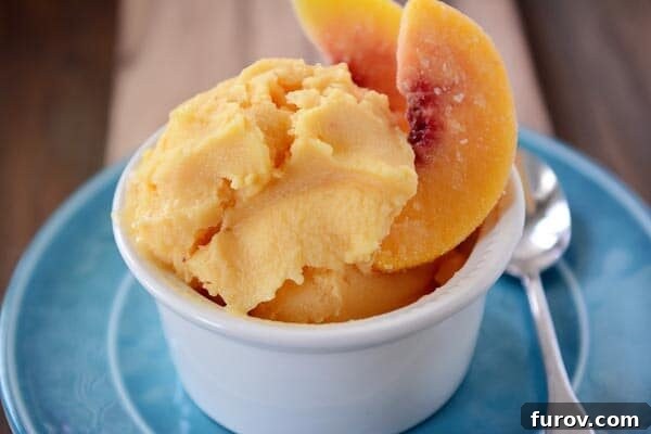 Effortless Peach Frozen Yogurt Refreshment 3 A small white bowl filled with fresh peach frozen yogurt, adorned with several ripe peach slices.