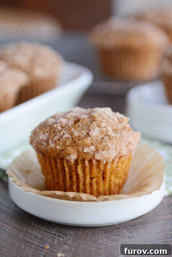 A single pumpkin muffin with streusel topping, sitting on its liner next to a white ramekin.
