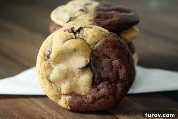 Double Delight Brownie Cookies 3 A stack of half brownie, half chocolate chip cookie cookies with one cookie leaning on the stack.