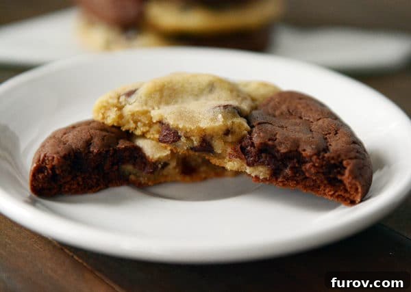 Double Delight Brownie Cookies 6 A plate with a half brownie, half chocolate chip cookie cookie split in half.