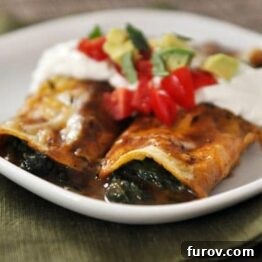 Two spinach enchiladas topped with sour cream, tomatoes, and avocados on a white plate, ready to be served.
