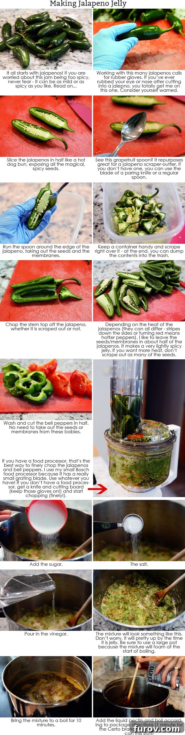 Step-by-step pictures and instructions showing how to chop up peppers for jalapeno jelly, detailing the preparation process.