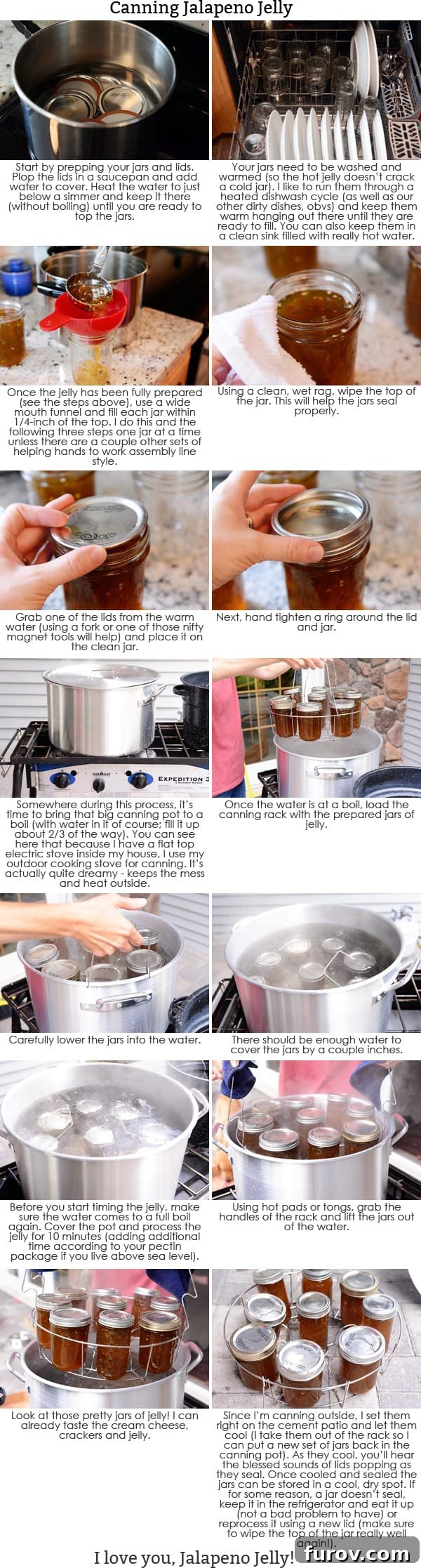 Step-by-step pictures and instructions showing how to process and can homemade jalapeno jelly.
