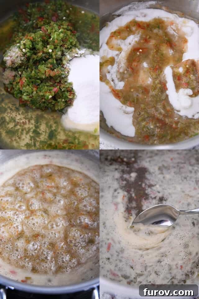 A collage of step-by-step photos illustrating the jelly-making process: simmering peppers with pectin, adding sugar, boiling the jelly, and skimming off foam.