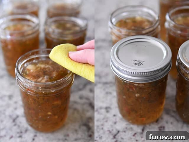 A two-part image showing the process of wiping the rim of a filled canning jar, followed by a jar with a lid and band properly affixed.