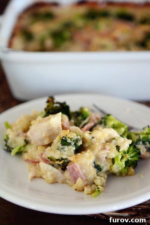 Creamy Chicken Cordon Bleu Quinoa Bake 2 A generous serving of cheesy chicken quinoa cordon bleu casserole on a pristine white plate, garnished and ready to be enjoyed.