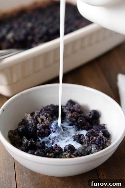 Hearty Blueberry Almond Baked Steel Cut Oats 2 Milk getting poured over a white bowl of blueberry steel cut oats.
