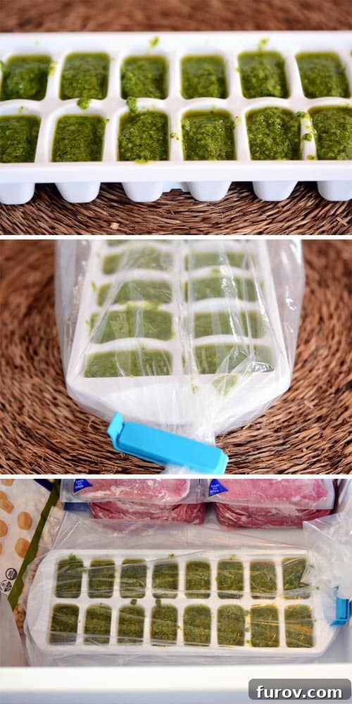 Three pictures showing different views of pesto in an ice cube tray. 