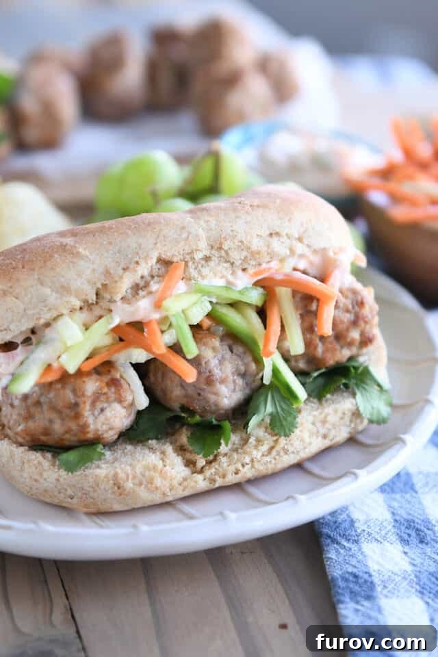 Assembled banh mi meatball sub on cream striped plate, garnished with fresh cilantro.