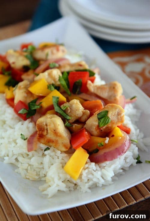 Top view of a white platter full of cooked white rice topped with a vibrant chicken, mango, and basil stir fry, garnished with fresh basil leaves.