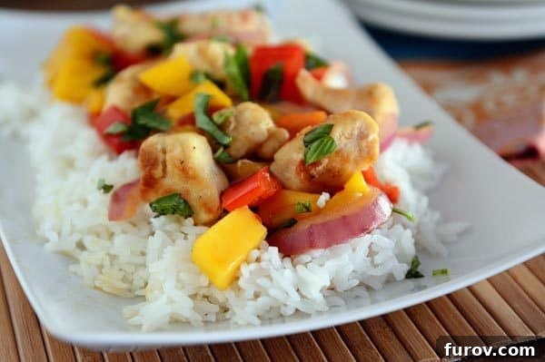 A white platter with cooked white rice topped with a colorful chicken, mango, red bell pepper, and onion stir fry, garnished with fresh basil.