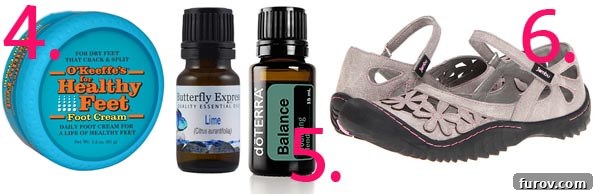 A collage of three favorite items: a foot cream tube, essential oil bottles, and a pair of shoes.