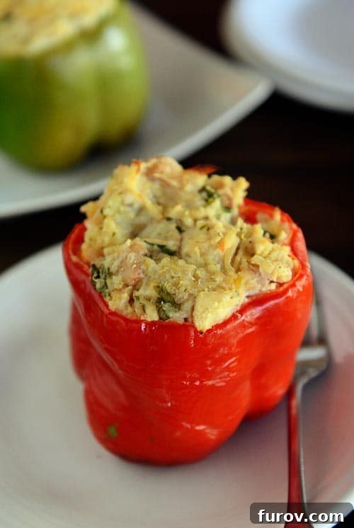 Top view of a red bell pepper filled with cheesy chicken enchilada stuffing, garnished with fresh cilantro, on a white plate.