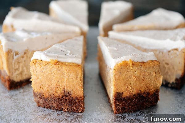Autumn Delight Pumpkin White Chocolate Mousse Cheesecake Eggless and Gluten-Free Friendly 3 Eight perfectly sliced portions of pumpkin white chocolate mousse cheesecake artfully arranged and slightly separated.