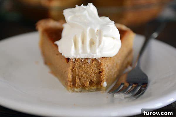 A close-up front view of a slice of classic pumpkin pie with a bite taken out, showcasing its smooth filling and flaky crust.