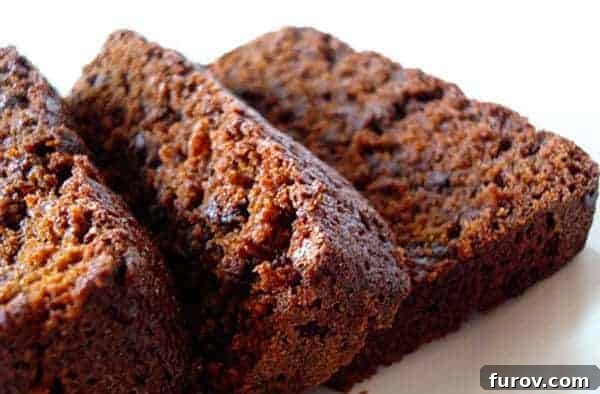Thick slices of chocolate gingerbread cake on a white plate, showcasing its rich color and chocolate chips.
