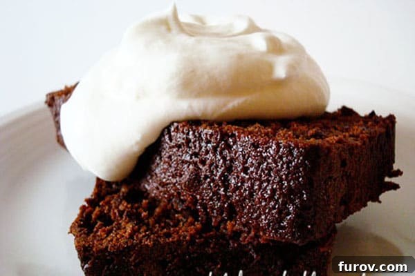 A delectable slice of chocolate gingerbread cake, topped with a cloud of whipped cream, ready to be enjoyed.