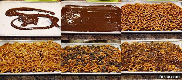Homemade Dark Chocolate Sea Salt Caramel Pretzel Bark 6 A visual collage showing the step-by-step process of making chocolate caramel pretzel bark.