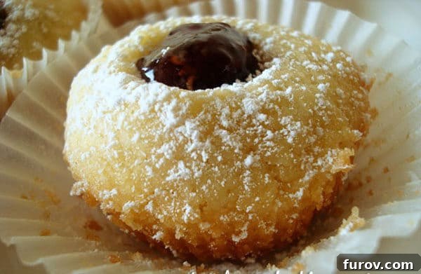 Shortbread cookie with powdered sugar and jam center, glistening and inviting.