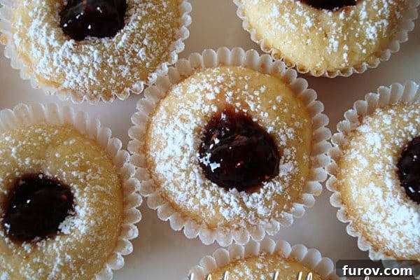 top view of shortbread cookies with jam centers, beautifully arranged.