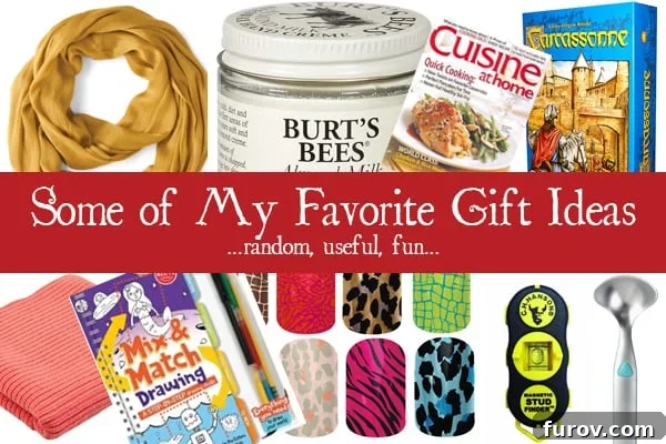 A vibrant collage featuring diverse gift ideas including scarves, dish soap, hand cream, and game boards, symbolizing a curated selection of thoughtful presents.