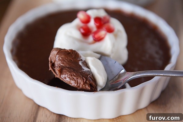 Decadent Chocolate Custard 3 A white ramekin filled with chocolate cream topped with whipped cream and pomegranate seeds, with a spoon taking a bite out. A rich, creamy chocolate dessert with fresh toppings.