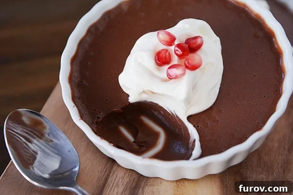 Decadent Chocolate Custard 4 A top view of a ramekin with cooked chocolate cream with a bite taken out, showing the smooth, dark texture. An irresistible chocolate treat.